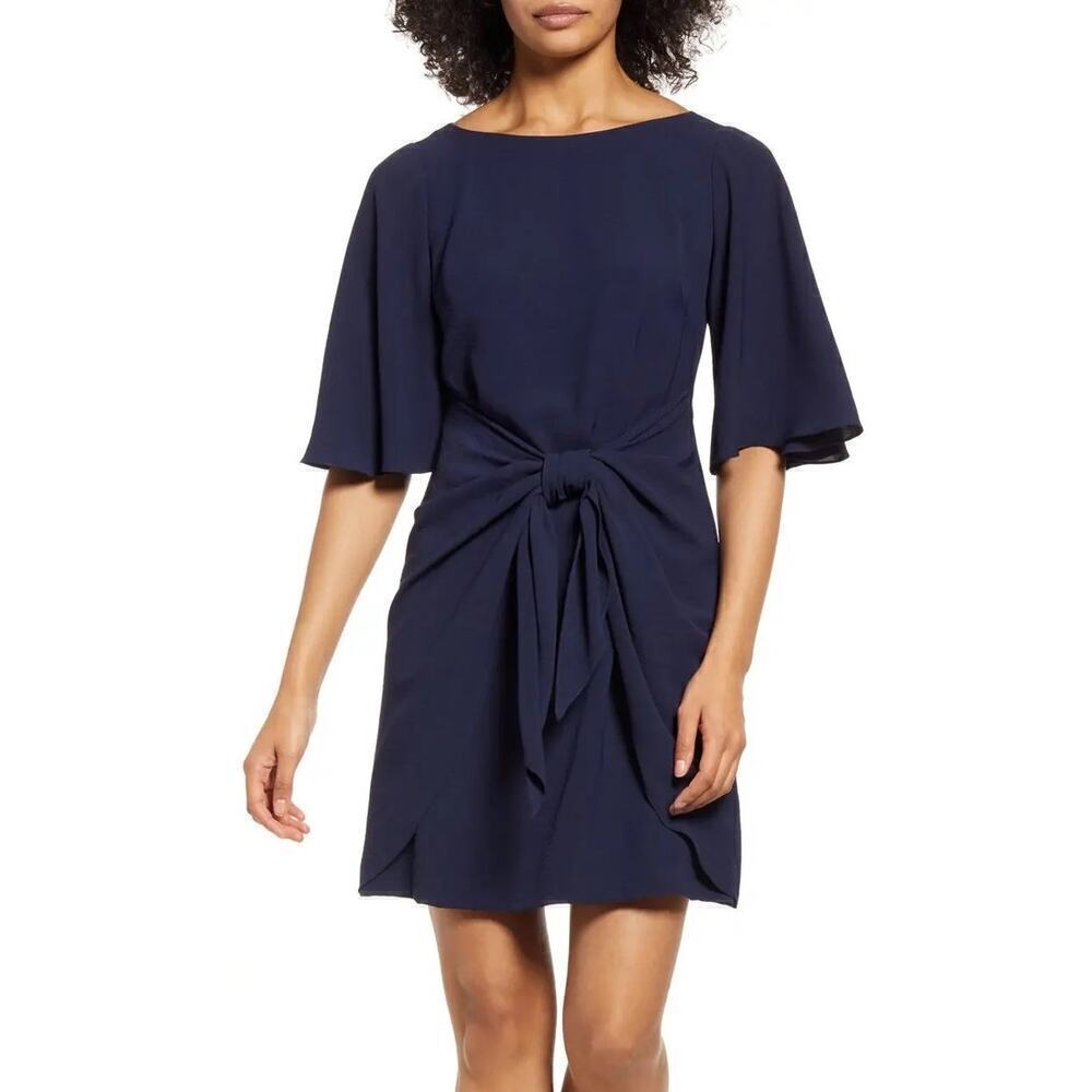 Vince Camuto Washer Dress Short Flutter Sleeve Jewel Neck Tie Waist Mini Navy 4